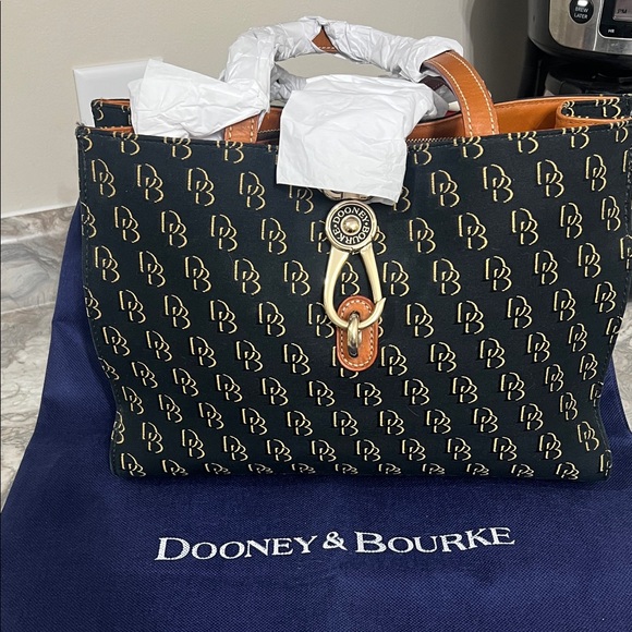 Dooney & Bourke Handbags - Dooney & Bourke Black Signature Tote with Tan Leather Trim and Gold Hardware
